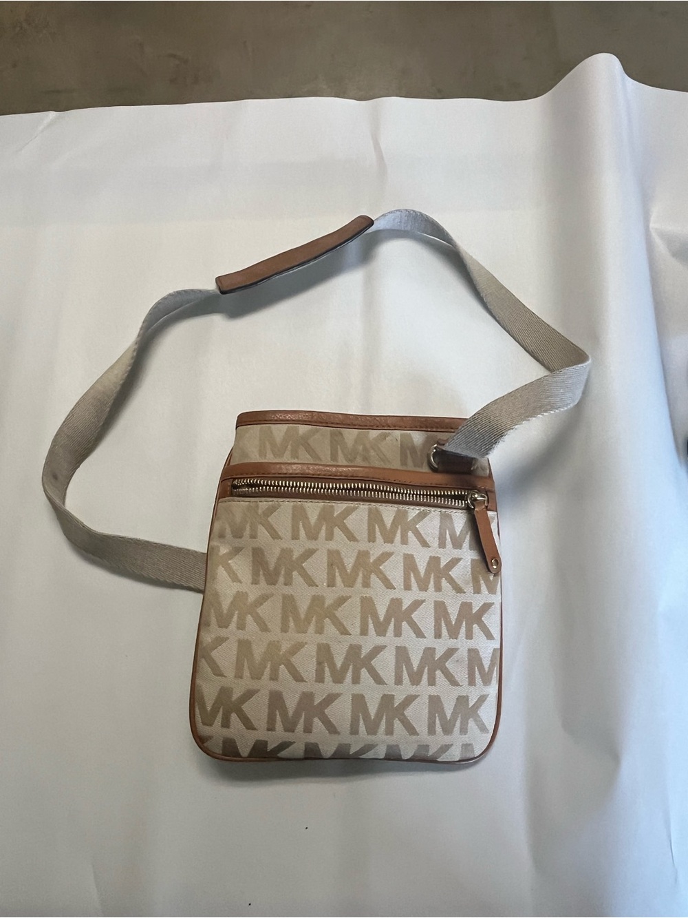Michael Kors Beige and Brown MK Logo Messenger Bag